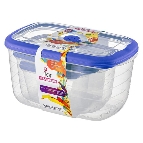Conjunto de Potes Plásticos Retangulares Altos Herméticos Flor Azul 3pçs - Sanremo