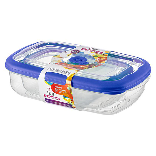 Conjunto de Potes Plásticos Retangulares Herméticos Flor Azul 3pçs - Sanremo
