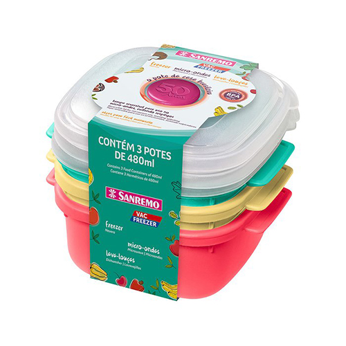 Conjunto de Potes Quadrados Vac Freezer 480ml 3pçs - Sanremo