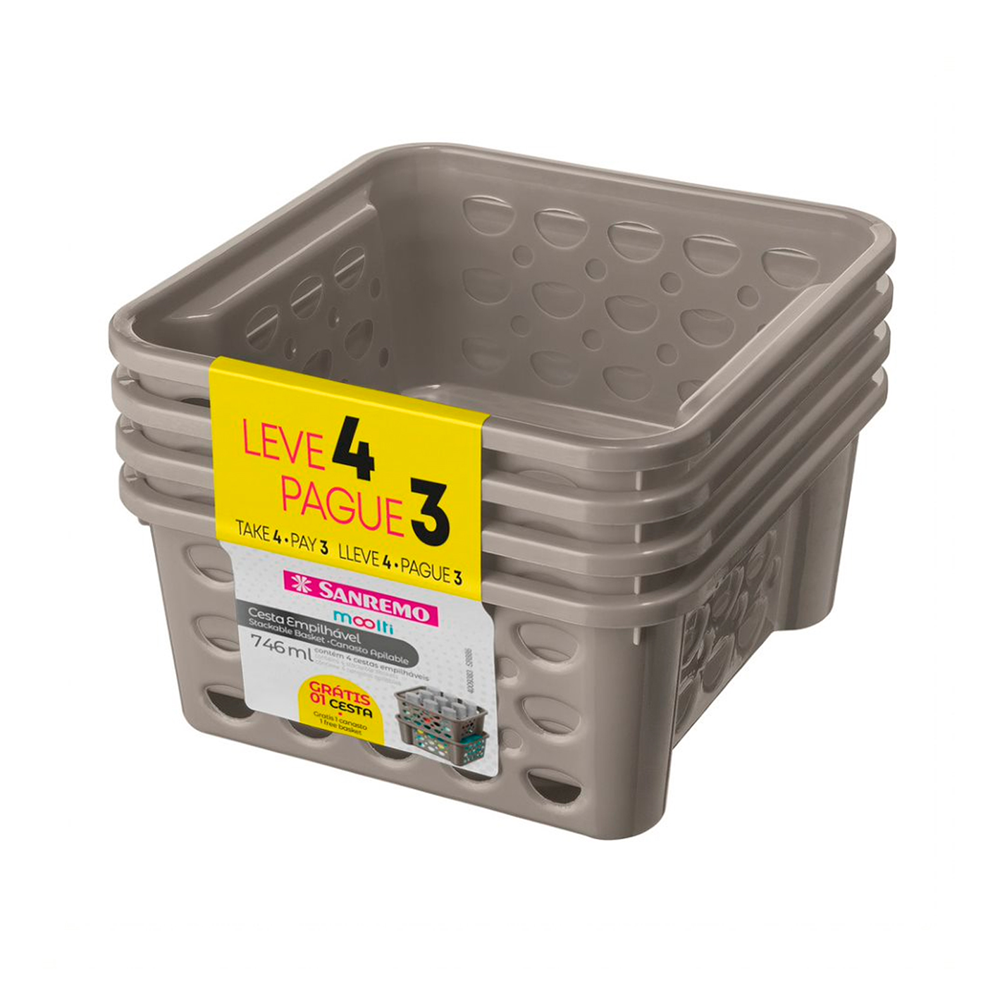 Conjunto de Cestas Plásticas Moolti Grafite 746ml - Sanremo