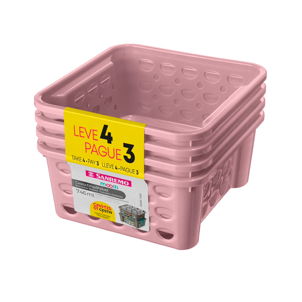 Conjunto de Cestas Plásticas Moolti Rosa 746ml - Sanremo
