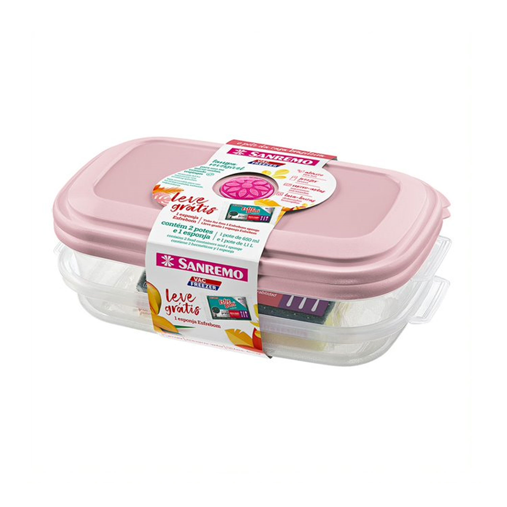 Conjunto de Potes Plástico Vac Freezer com Esponja EsfreBom Grátis Rosa - Sanremo
