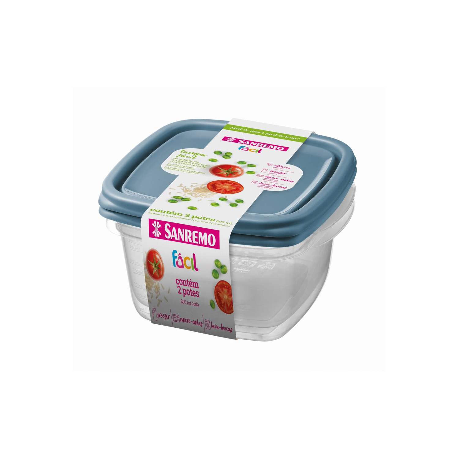 Conjunto de Potes Plasticos Quadrados Fácil Verde 800ml 2pçs - Sanremo