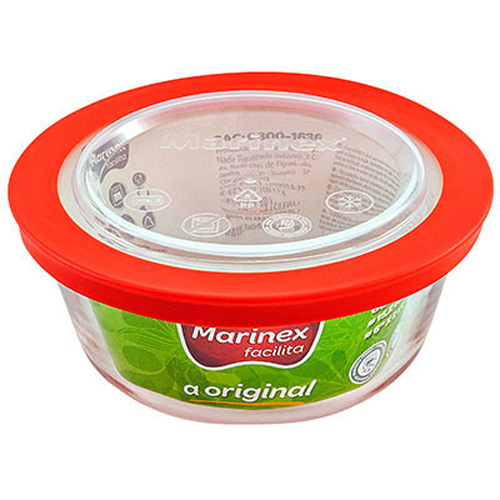 Tigela Redonda Pequena Prática com Tampa Plástica Cristal e Vermelha 600ml  - Marinex